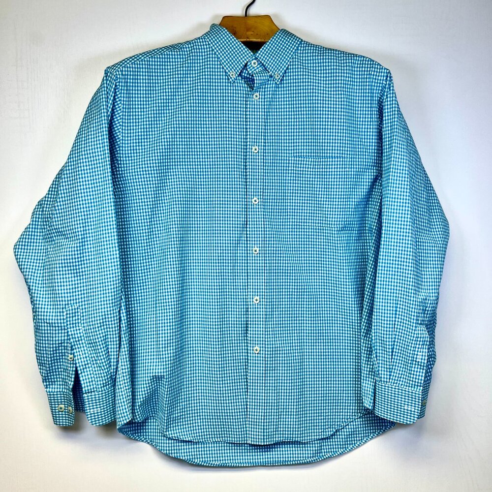 RoundTree Yorke Mens XL Teal & White Gingham Plaid Button Down Long Sleeve Shirt